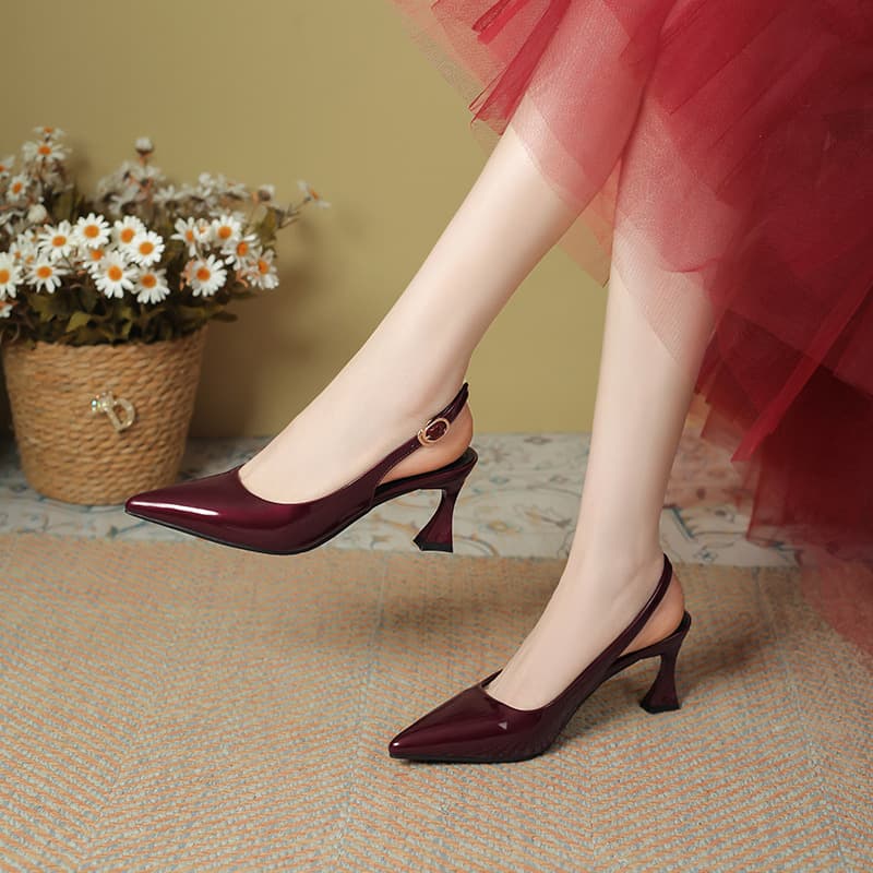 Wine Red High Heel Sandals Women 2026 Summer New Patent Leather Thin Heel Elegant One-Strap Open Toe Dress Shoes