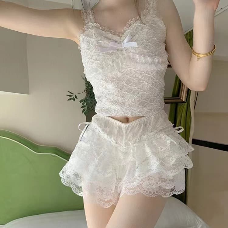 New cross-border style cake-layer bow summer thin lace anti-exposure three-quarter breathable leggings for women's safety pants