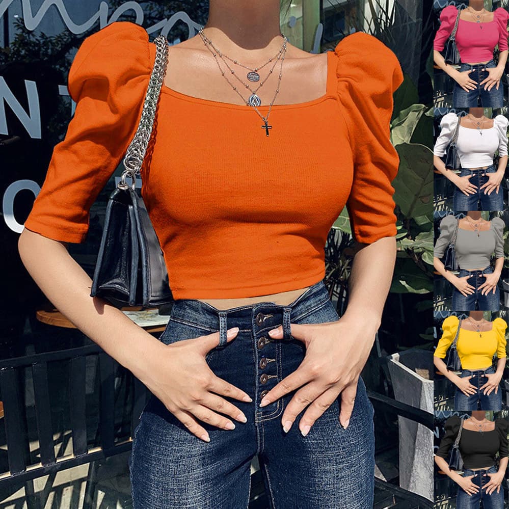 Amazon 2025 Spring New European and American Women's Clothing Simple Square Neck Puff Sleeve Top Women's Short Sleeves