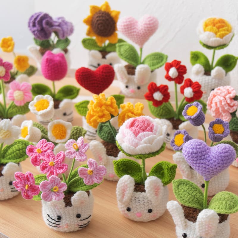 Finished Hand-Knitted Mini Potted Plant Ornament, Crocheted Simulated Flower Desktop Decoration Gift, Potted Rose Yarn Flower
