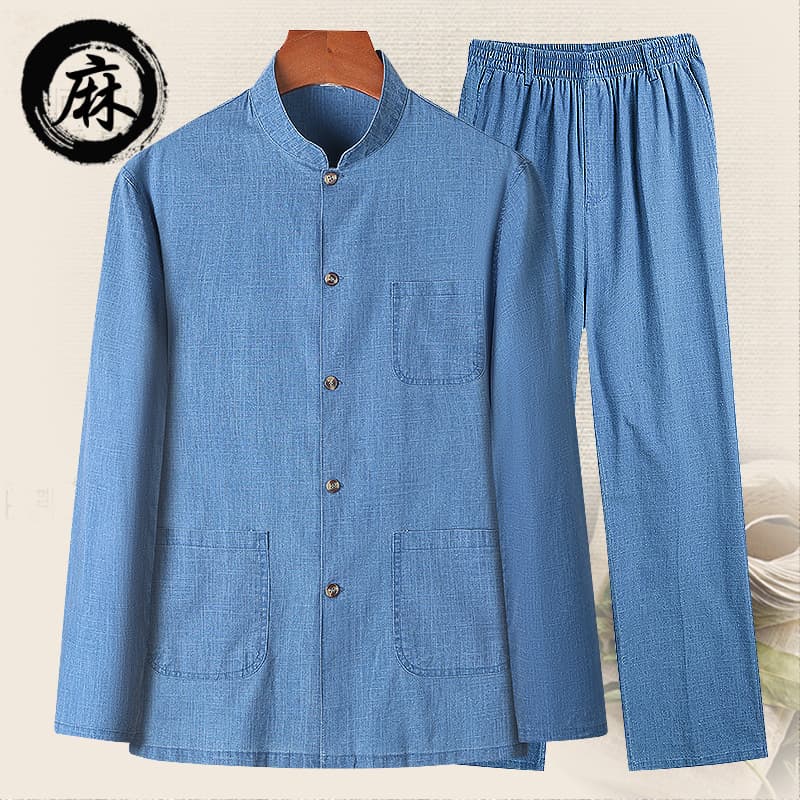 Tang suit for middle-aged and elderly men, long-sleeved, loose-fitting, Chinese style linen suit, thin summer style.