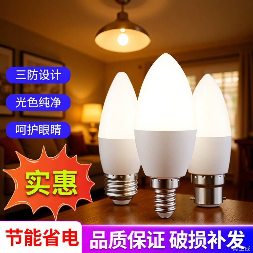Led Candle Light C37 Pointed Bulb, Tail-Shaped Bulb, E14 Bulb, Special for Chandeliers, 220V
