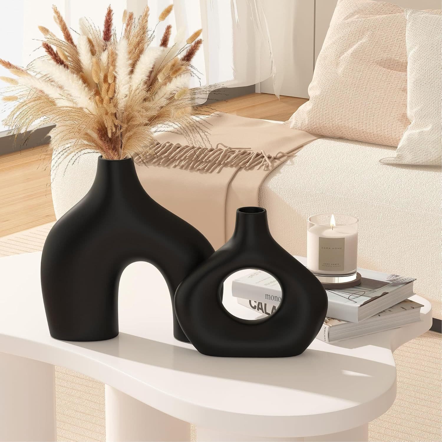 Black Ceramic Vase 2-Piece Set Pampas Grass Vase Round Bohemian Home Decor White Off-White Others