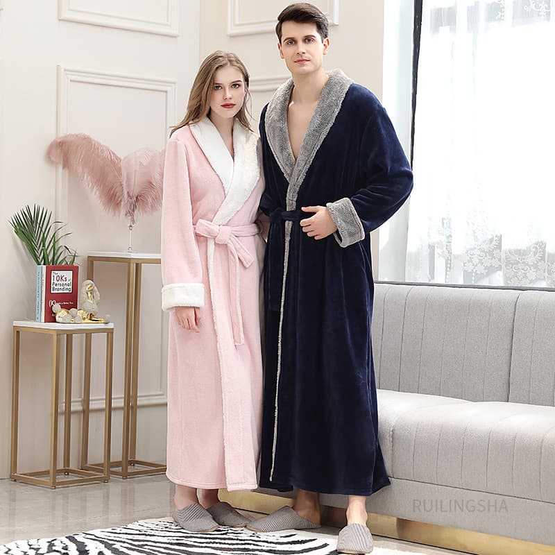 Couple Autumn and Winter Thickened Long Warm Flannel Nightgown for Women and Men Large Size Coral Velvet Bathrobe Pajamas