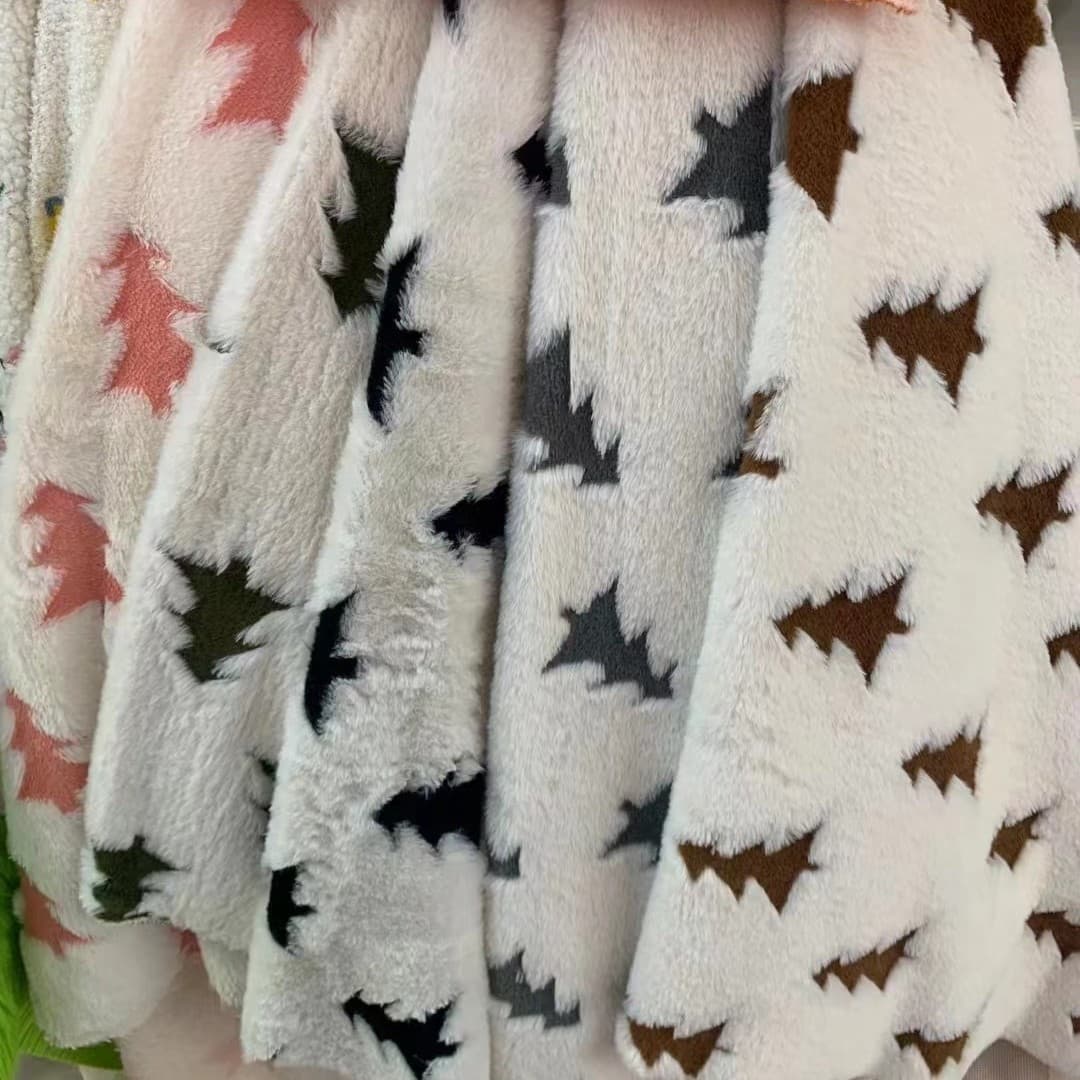 Rabbit Hair Cationic Christmas Tree Jacquard in Stock, Imitation Rabbit Fur Jacquard Fabric for Home Textiles, Clothing, Shoes, Bags, and Plush Cloth