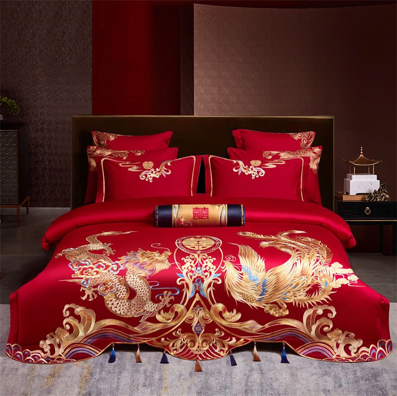 Wedding 4-Piece Set, 100% Cotton, Festive Dragon and Phoenix Bedding, Pure Cotton Bridal Bed Set, Newlywed Red Quilt Cover