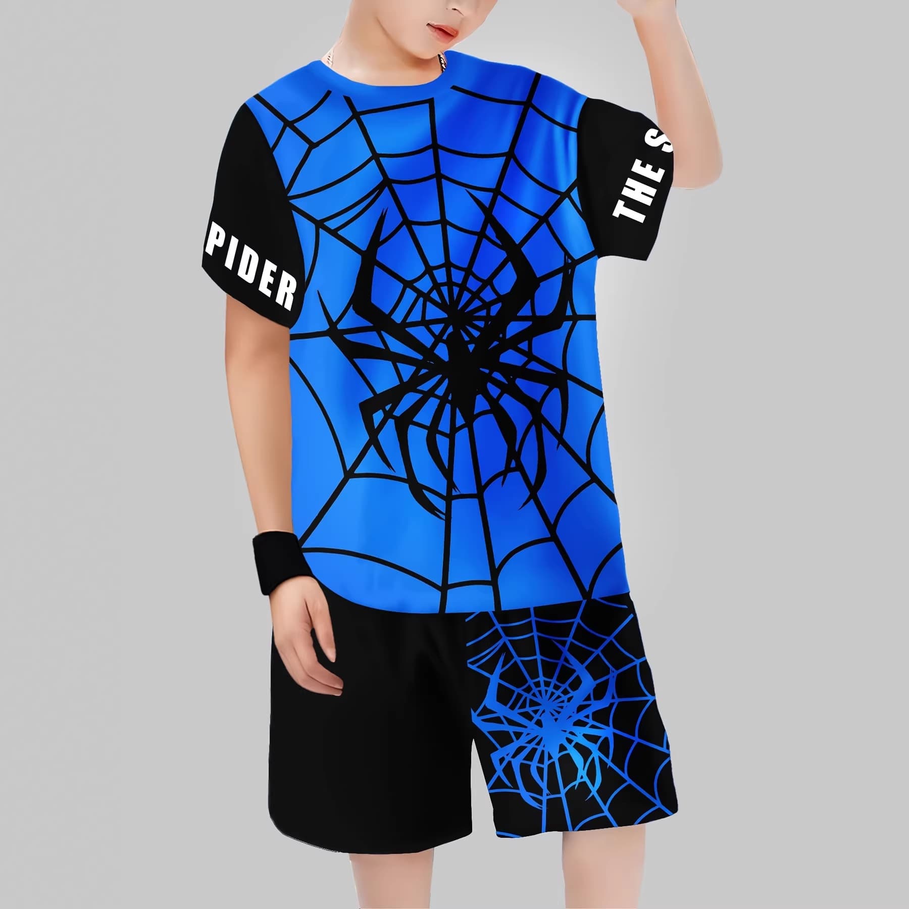 Boys suit fashionable 3D printed casual pullover short sleeve shorts T-shirt, boys outdoor T-shirt shorts