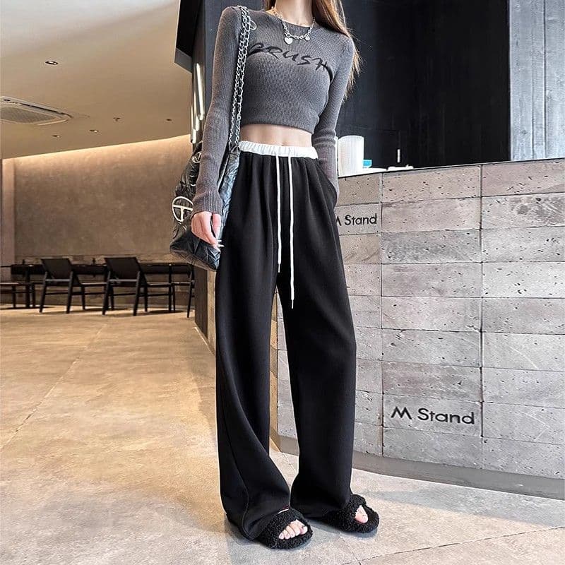 Spring/Autumn New Contrast Color Dance Pants for Women, High-Waist Flowing Loose Versatile Design Wide-Leg Sports Casual Sweatpants