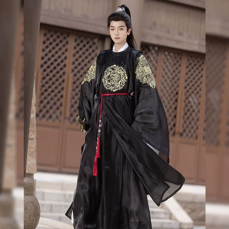 Original Hanfu Men's 2025 Autumn New Tang Dynasty Round Collar Robe Black Embroidery Ancient Ethereal Flowing Daily Set