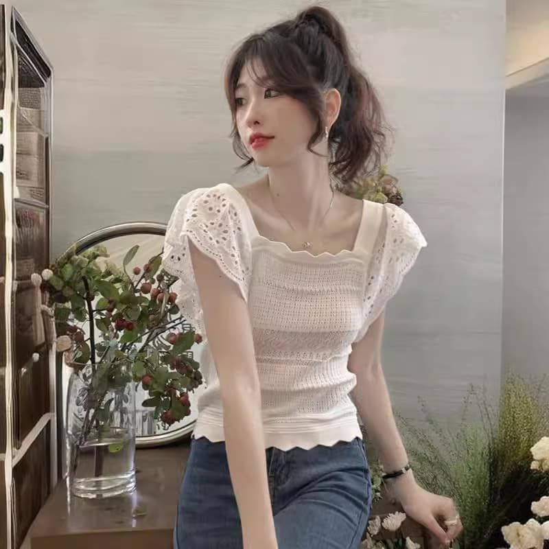Women's Summer Thin Ice Silk French Fitted Short Top with Small Flutter Sleeves, Square Neck, Hollow Lace Knit Short-Sleeve T-Shirt