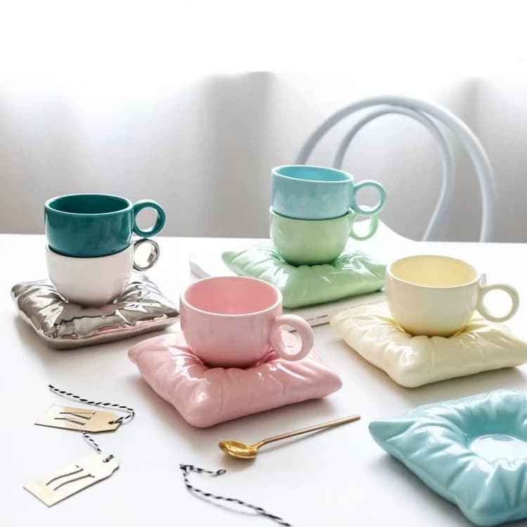 Nordic Creative Pillow Base Coffee Cup, Colorful Macaron Ceramic Cup and Saucer, Trendy Dessert Latte Cup and Saucer
