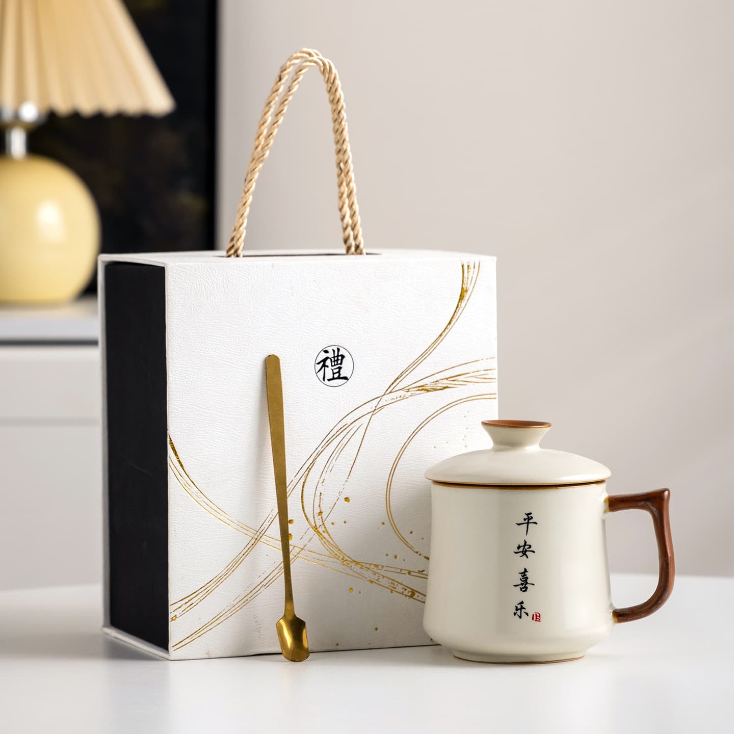 Peace and Joy Ru Kiln Office Cup Gift Set with Spoon Coffee Cup Gift Box Business Gift Custom Logo