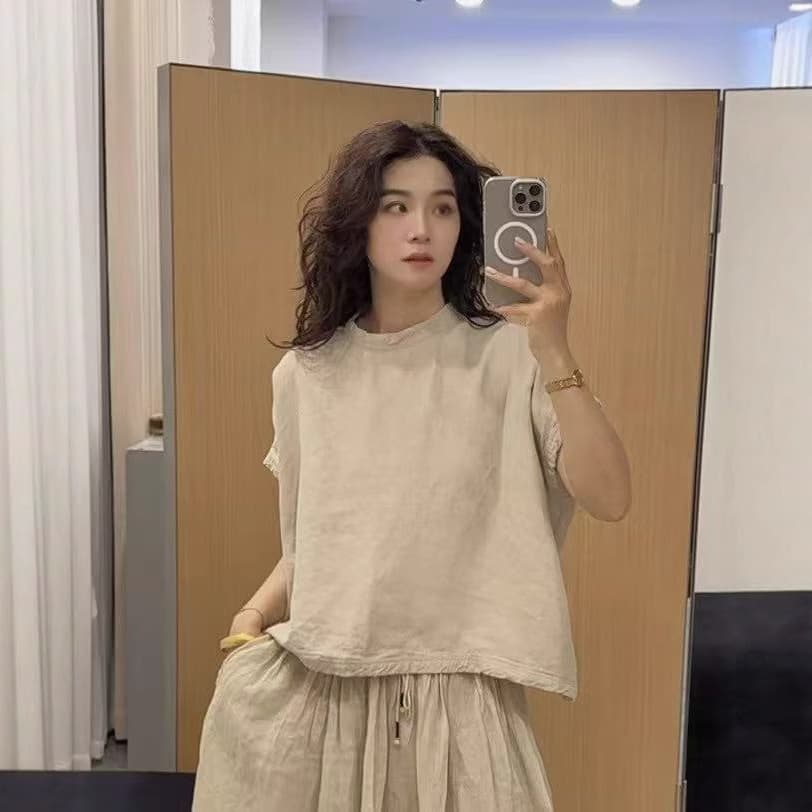 2025 Summer Korean Loose Simple Hemp Small Stand Collar Solid Color Pullover T-Shirt Versatile Casual Top for Women 652
