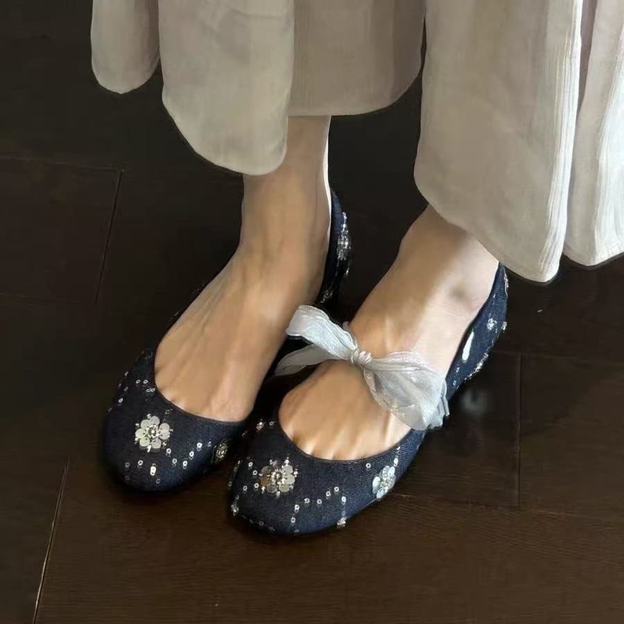 Vintage Denim Sequined Flower Mary Jane Shoes for Women, 2026 Mesh Bowknot Chunky Heel Side Cutout Gentle Ballet Flats