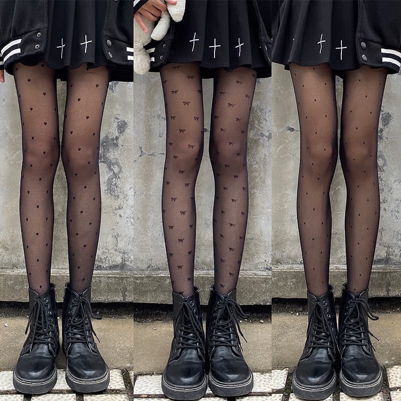 Heart Pattern Stockings Women Spring Summer Thin Sweet Bow Milk White Tights Lolita Round Polka Dot JK Black Stockings
