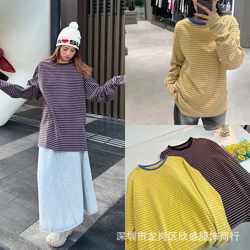 Special! 2025 Early Spring New Letter Embroidery Striped Washed Distressed Round Neck Loose Long Sleeve T-Shirt for Men and Women