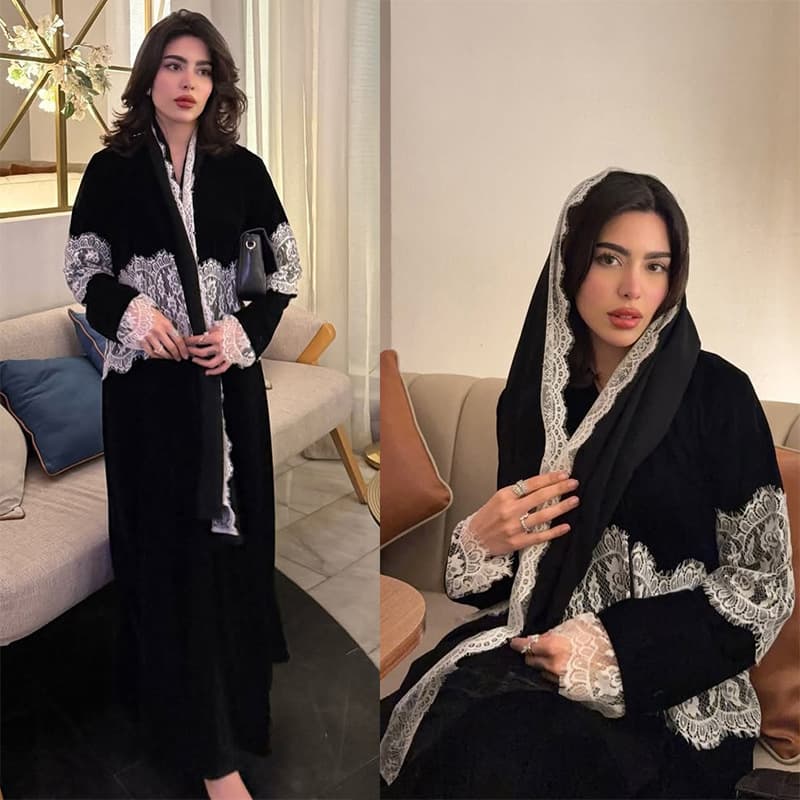 MQ274 New Fashion Lace Trim Stitching Jacket with Headscarf Two-Piece Set Black Long Sleeve Coat