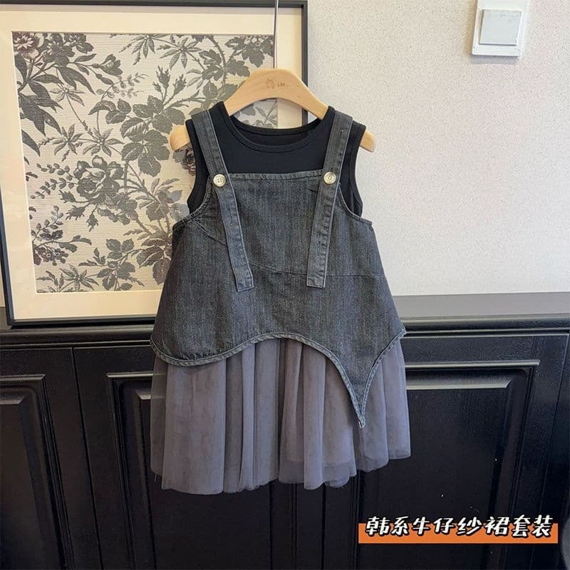 2026 Summer Denim Girl Baby Sleeveless Dress Korean Style Girls Puffy Gauze Dress Princess Dress