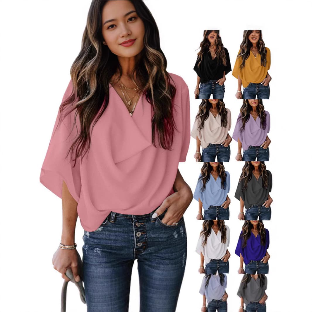 2024 Amazon Wish Summer New European and American Women's Fashion Chiffon V-Neck Blouse Loose Casual Mid-Sleeve T-Shirt