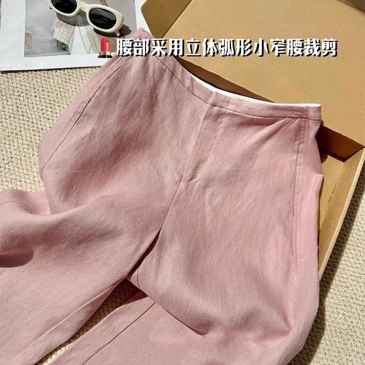 No D recommended! [Ultimate Relaxed Fit] Low-saturation pink linen pants, breathable, cool, old-money style trousers
