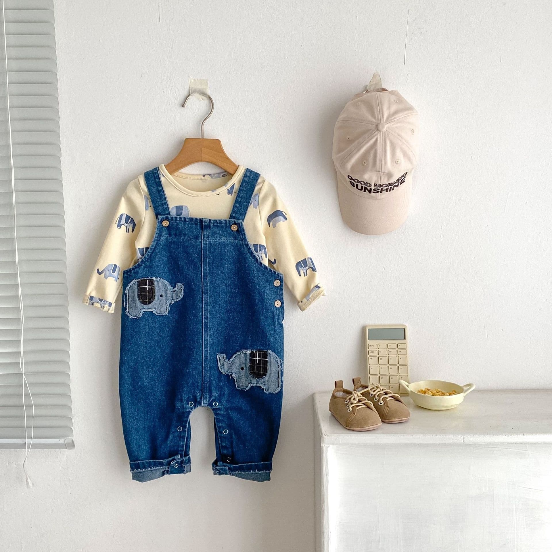 2026 Spring Baby Boys Girls Embroidered Denim Outfit Overalls + Printed T-Shirt