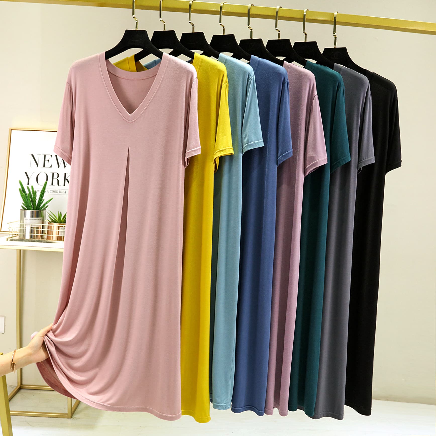 Women's Summer Plus Size Loose-Fit V-Neck Midi A-Line Dress Slimming Style Over-Knee Home Dress Modal Material