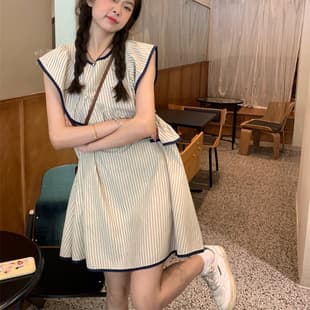 French Striped Mini Flutter Sleeve Dress Women Summer Irregular Ruffle Tank Dress Loose Petite Baby Doll Dress