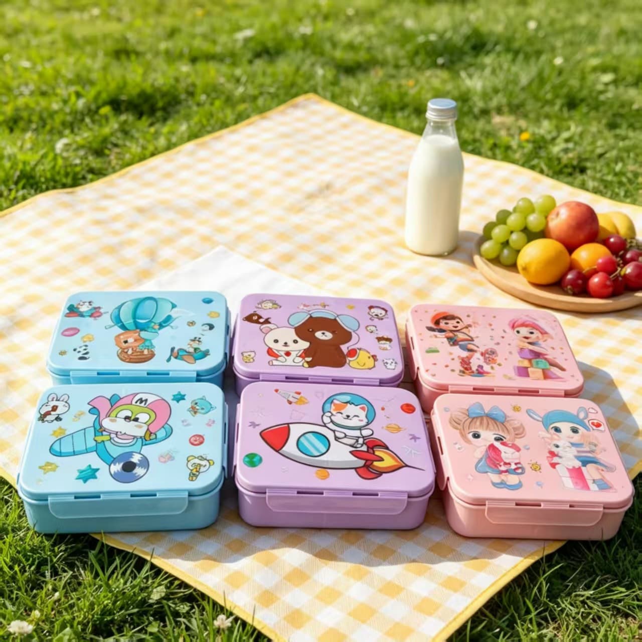 Candy-colored cartoon kids portable lunch box, school students dedicated compartment bento box, fresh-keeping box, playful and cute, tall