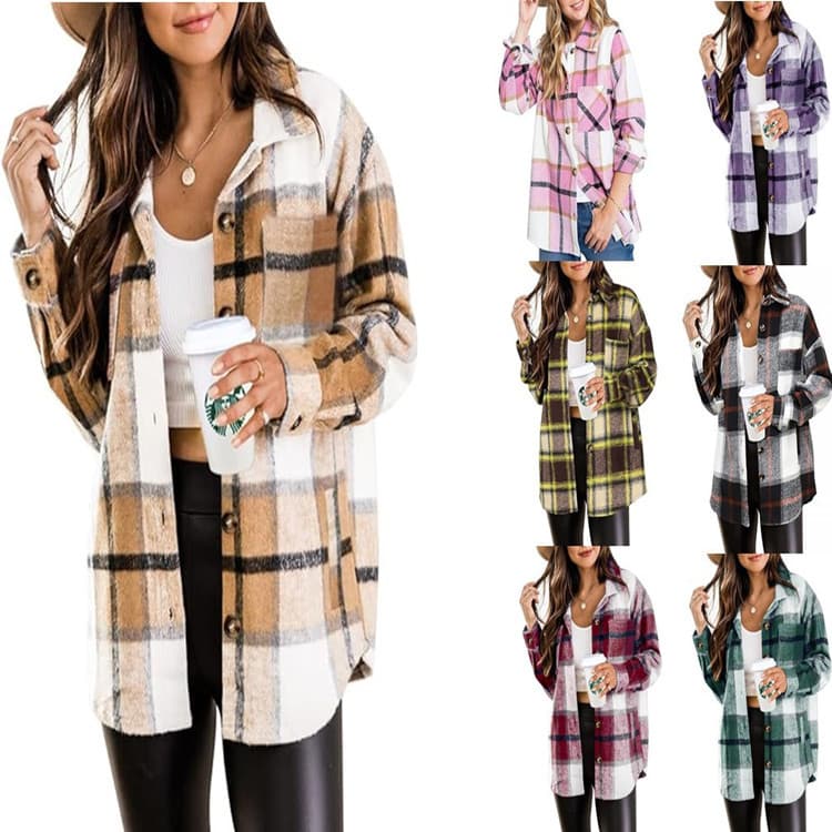 European and American Cross-Border 2025 Autumn/Winter New Long Sleeve Lapel Loose Wool Women's Plaid Pocket Shirt Casual Jacket