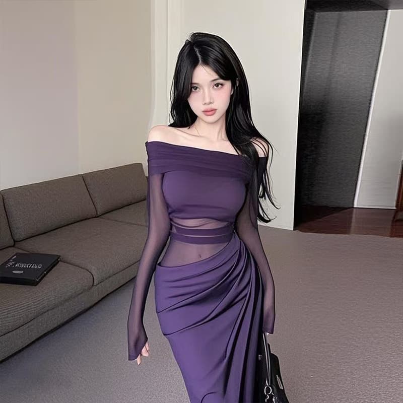 Mature and Elegant Style Mesh Patch One-Shoulder Dress for Women Spring Autumn Heartcut Hollow Waist Slimming Midi Dress