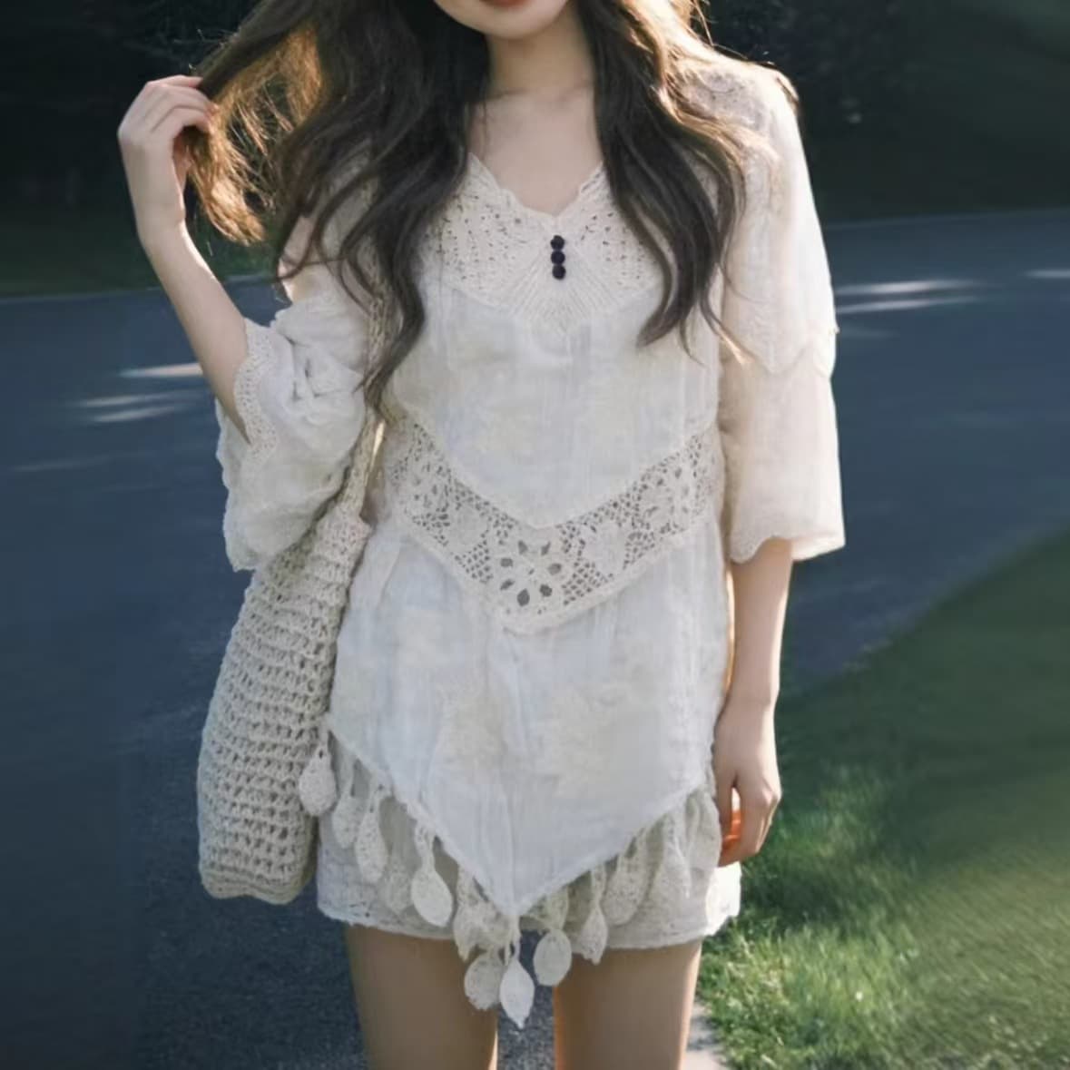 Bohemian V-Neck Design Lace Knit Top for Women Summer Hollow Out Irregular Fringe Loose Cardigan Blouse