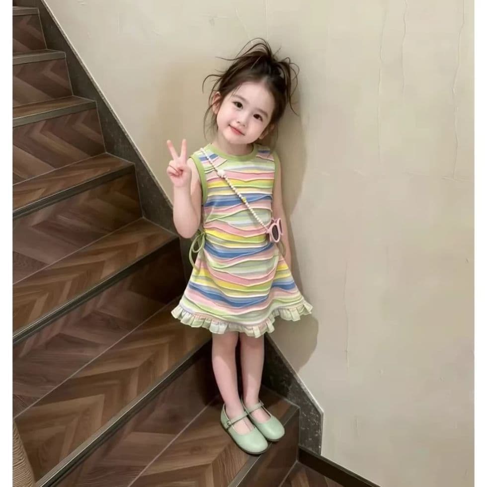 2026 Girls Striped Vest Dress Summer New Children's Sleeveless Dress Super Beautiful Versatile Baby Girl Skirt