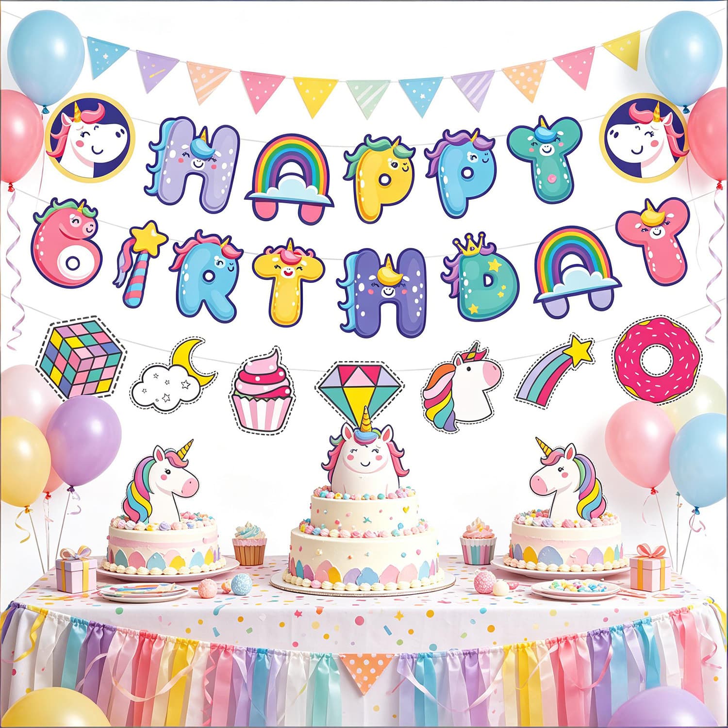 Cross-Border New Unicorn-Themed Birthday Party Decorations, Flags, Garlands, Rainbow Horse Children's Birthday Party Supplies