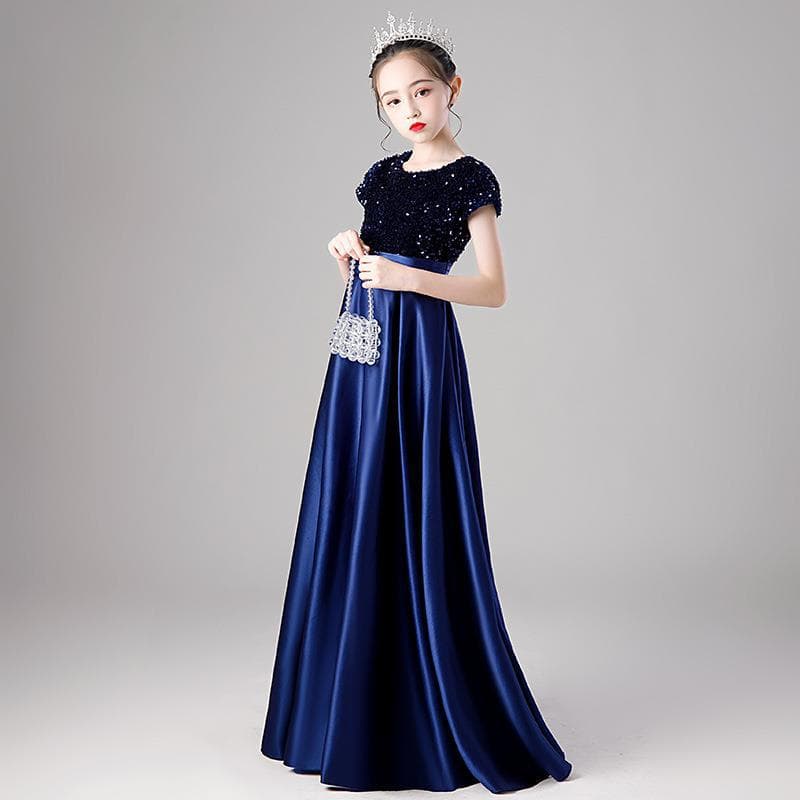 Kids Princess Dress French Style Spring Blue Sequins Piano Performance Outfit Little Host Birthday Dress