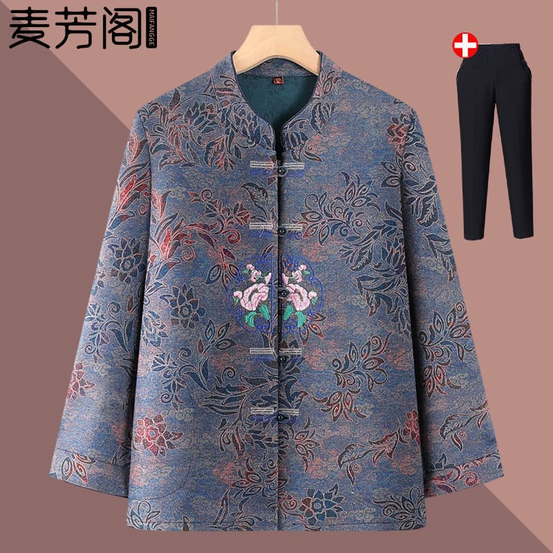 Grandma's autumn retro shirt, women's middle-aged and elderly long-sleeved Tang suit shirt, 70-year-old mother's cardigan top