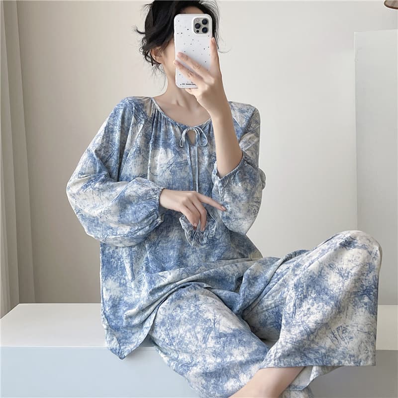 Women's Summer Floral Pajama Three-Piece Set, Long Sleeve and Long Pants, Loose Fit, Suitable for Outdoor Wear, Home Loungewear, Premium Cotton Silk Set