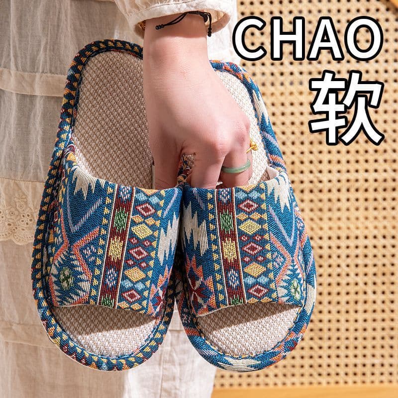Linen Slippers for Men and Women, Four Seasons, Quiet, Soft Sole, Indoor Breathable, Home, Couple, Ethnic Style, Floor Slippers