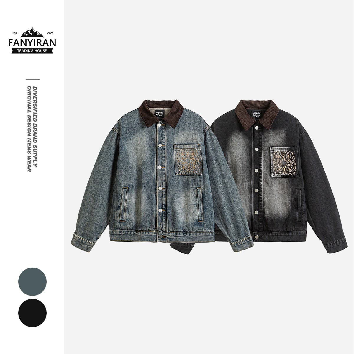 OLDTRIBE Autumn Trendy Japanese Vintage Washed Faded Workwear Jacket Men's Turn-down Collar Denim Coat JK241