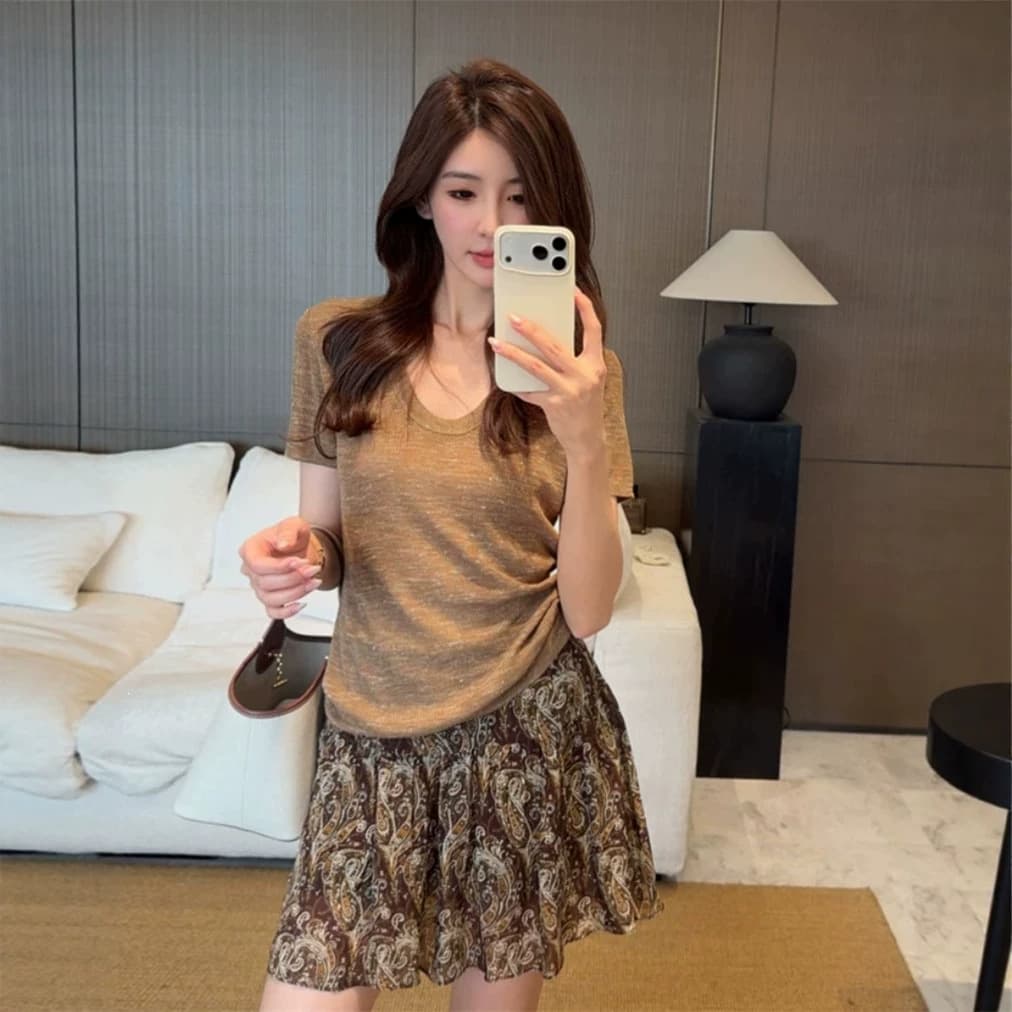 Composition 15% linen 85% acrylic U-neck short-sleeved thin sweater summer temperament slim ultra-small T-shirt top for women