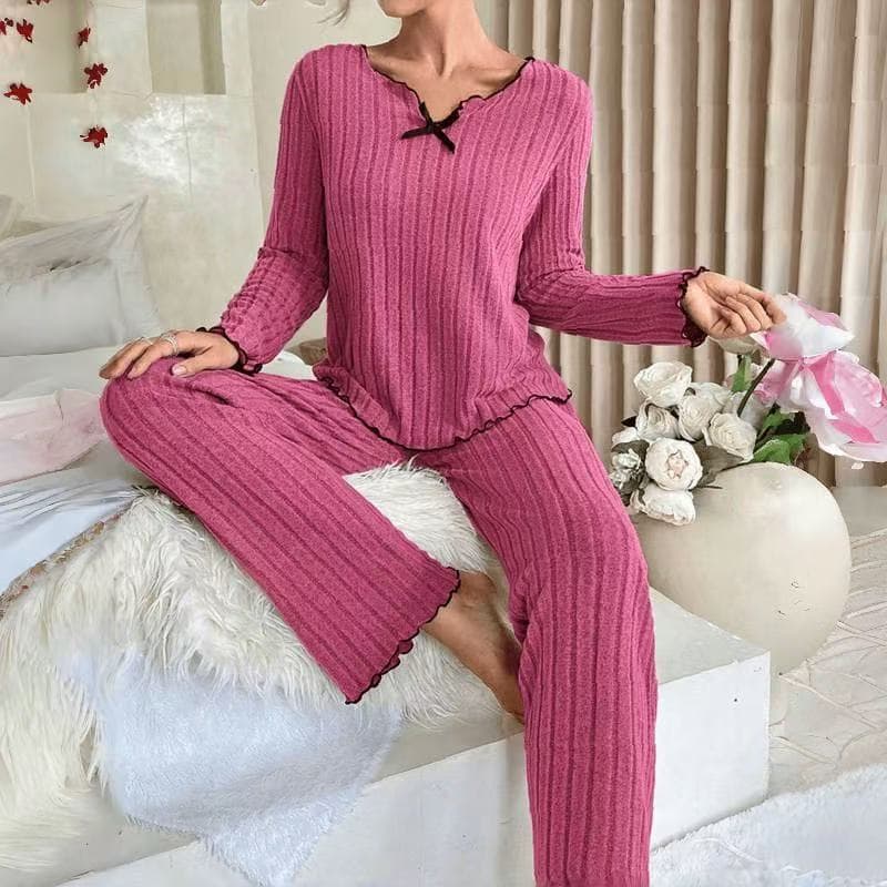 New European and American Style Cross-border Amazon Hot Selling Black Trim Casual Home Wear Set Fleece Ribbed Knit Home Wear for Outdoor Wear