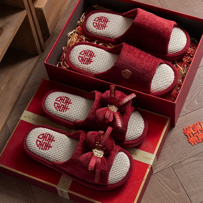 Red Wedding Slippers Pair Premium Breathable Linen Home Slippers for Groom Bride Newlywed Dowry Couple Slippers Summer