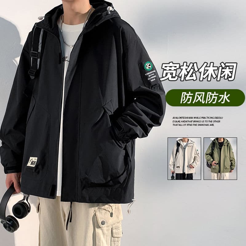Men's Casual Windbreaker Jacket Spring Autumn Loose Fit Youth Style Hooded Coat Plus Size