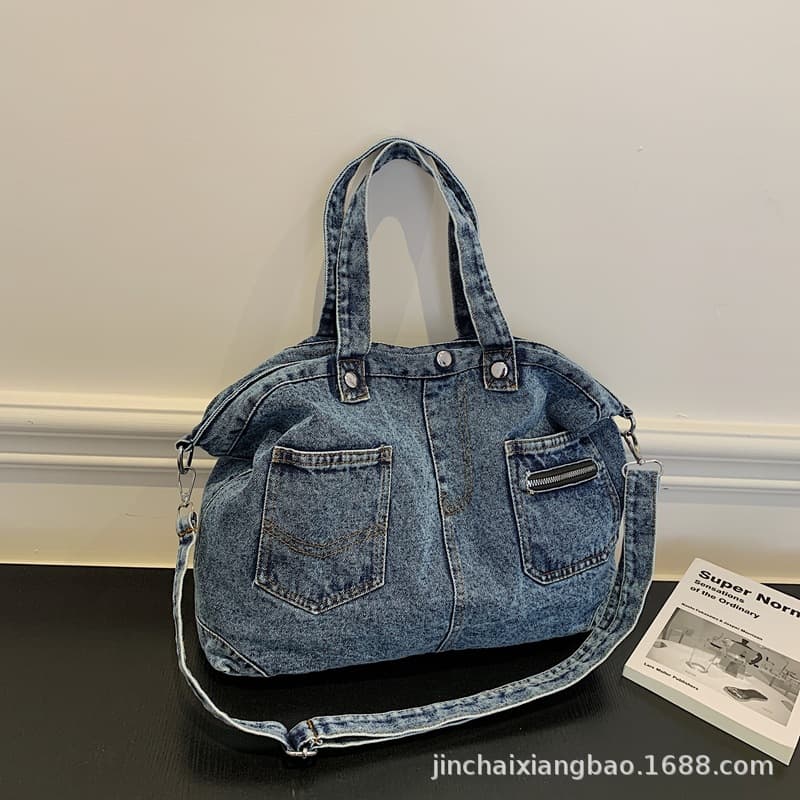 2026 New Cross-Border Denim Tote Bag for Women, Vintage Large Bag, Spacious, Versatile Casual Shoulder Handbag