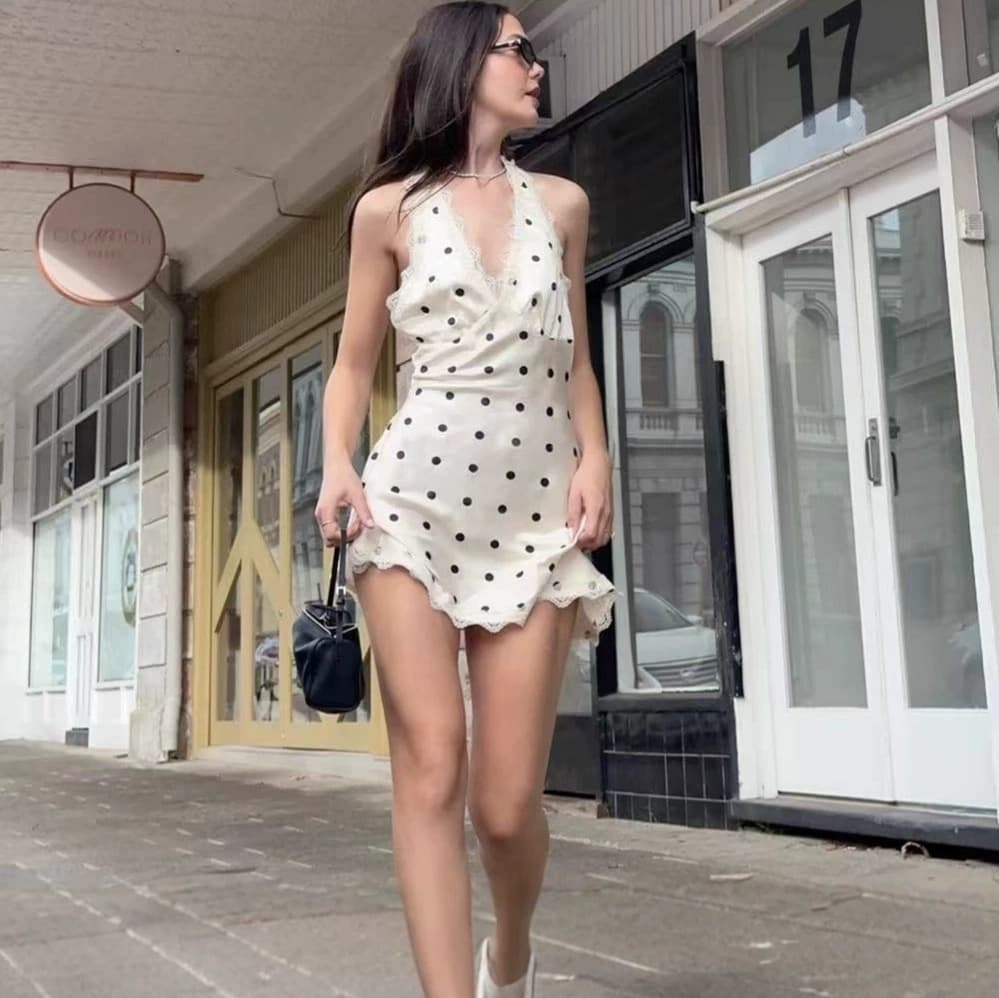 New Summer Women's Lace Patchwork Pure Desire Tie-Back Waist-Cinching Satin Trim Polka Dot V-Neck Dress