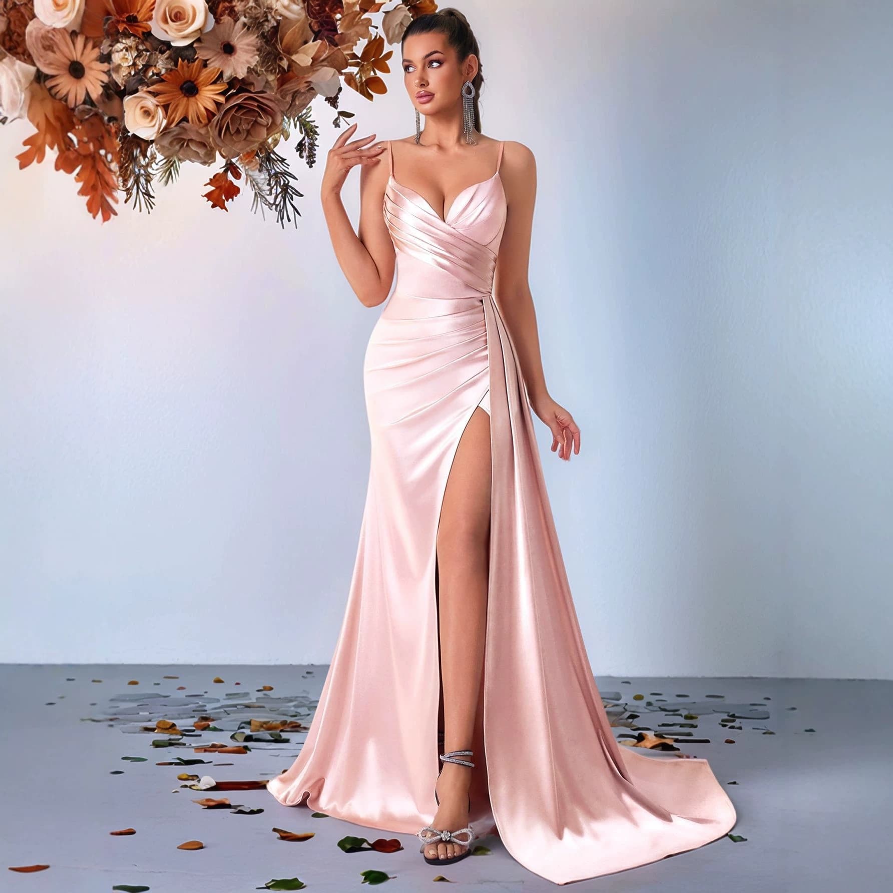 European and American cross-border nude pink deep V satin evening dress slim fit hip-covering slit dinner party bride toasting long dress