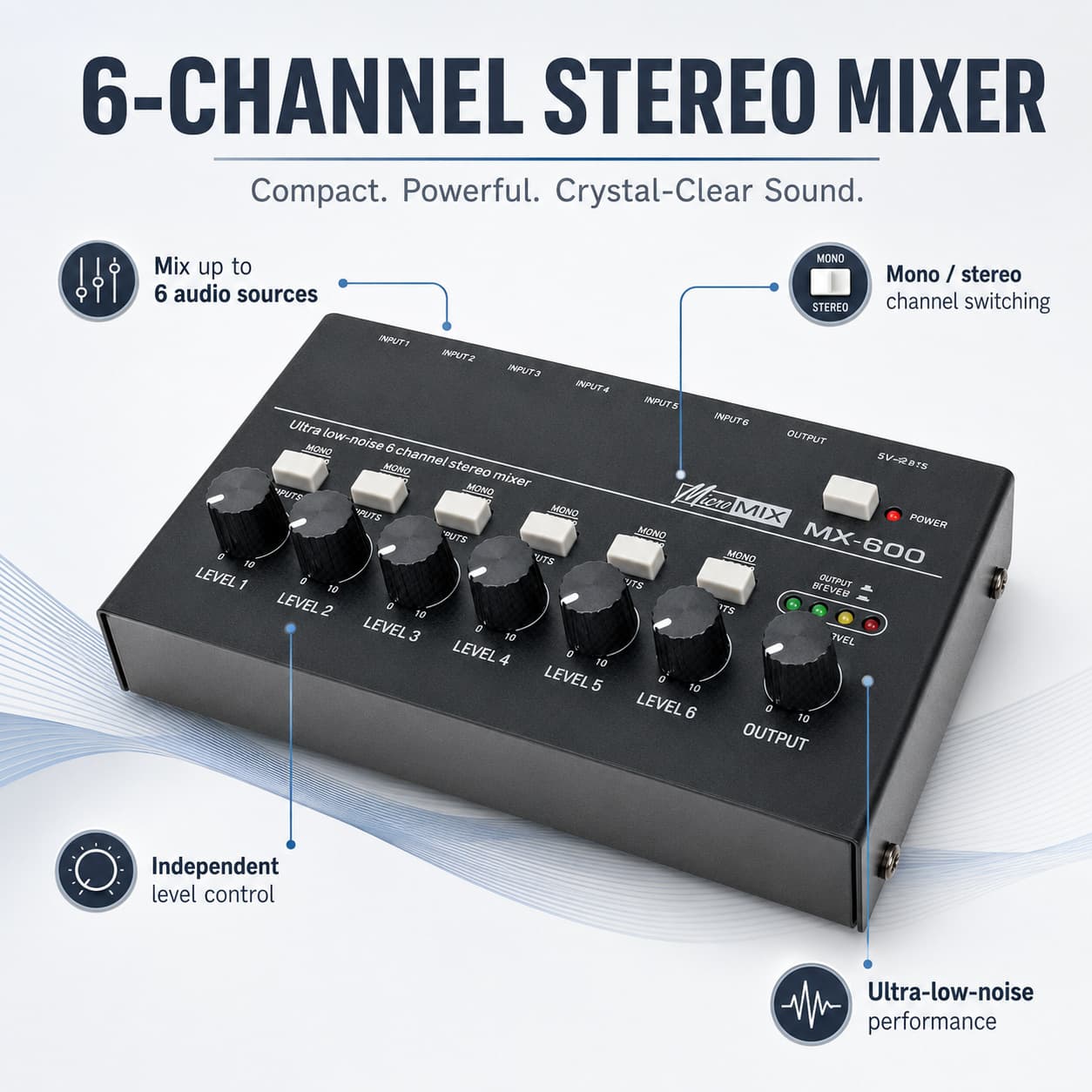 Stereo Audio Mixer Ultra-Compact Independent Volume Control Mixer Low-Noise Recording Mixer