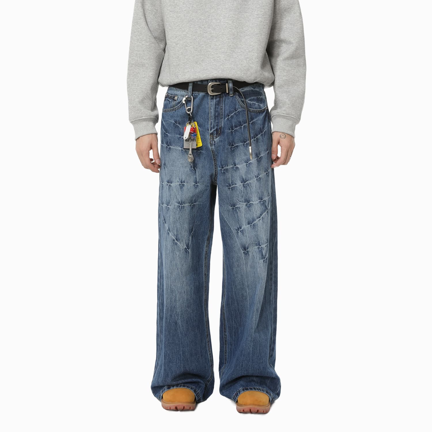 MTLCLOTHES Men's Fashion | Niche Streetwear Vibe Lightning Print Trendy Heavy-Duty Washed Wide-Leg Straight Jeans