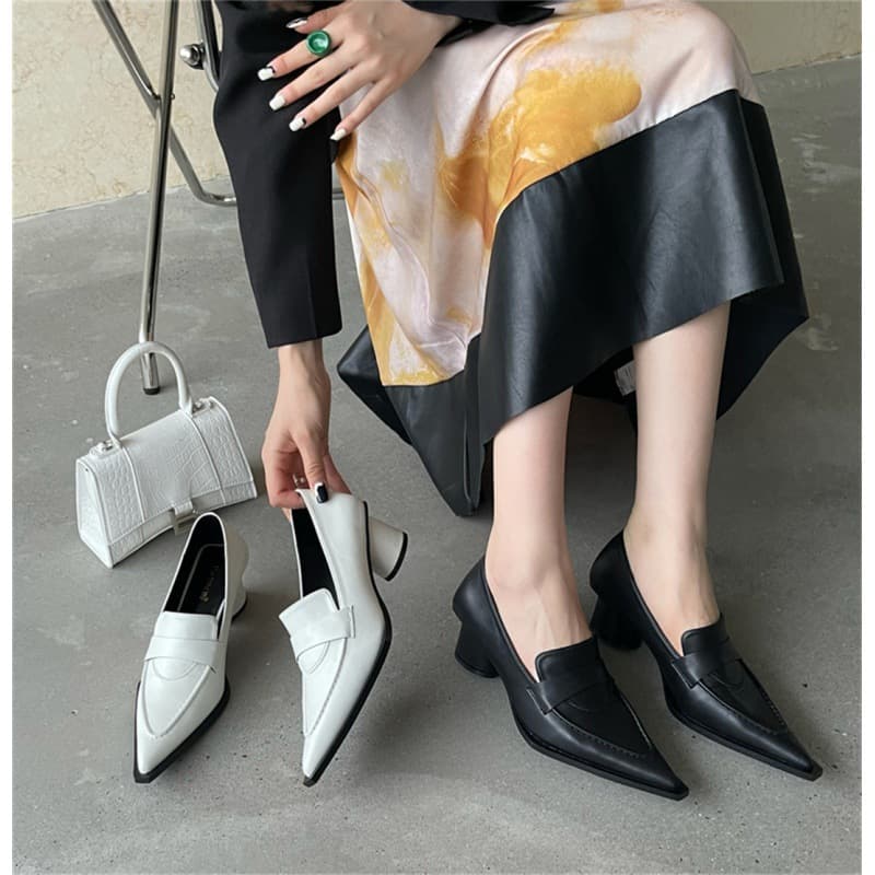 Yingying's New Spring Collection: Women's Pointed-Toe Chunky Mid-Heel British-Style Loafers, Slip-On High-Heel Leather Shoes