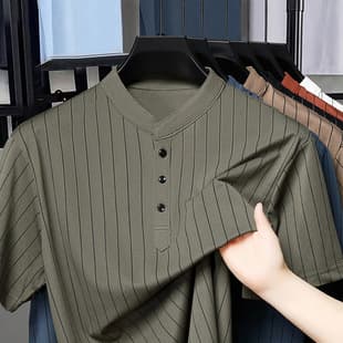 Summer Fashion Ice Silk Round Neck T-Shirt Simple Polo Shirt Men's Slim Striped Short Sleeve T-Shirt Trendy Half Sleeve