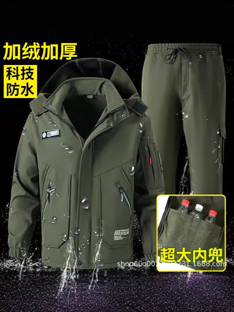 Autumn/Winter Fleece-Lined Thickened Outdoor Jacket Set for Men and Women, Windproof, Waterproof, Cold-Resistant, Warm, Durable Workwear for Hiking